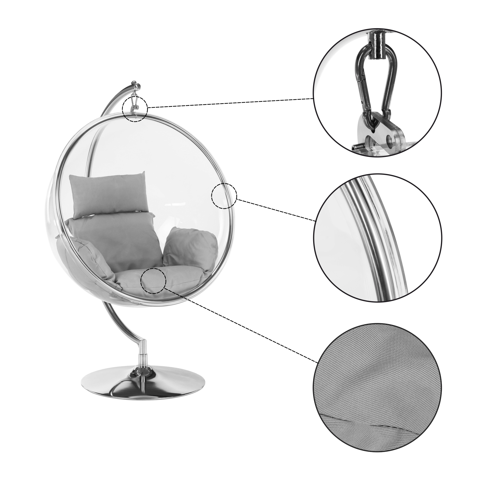 Függő fotel állvánnyal, átlátszó/ezüst/szürke, BUBBLE NEW TYP 3