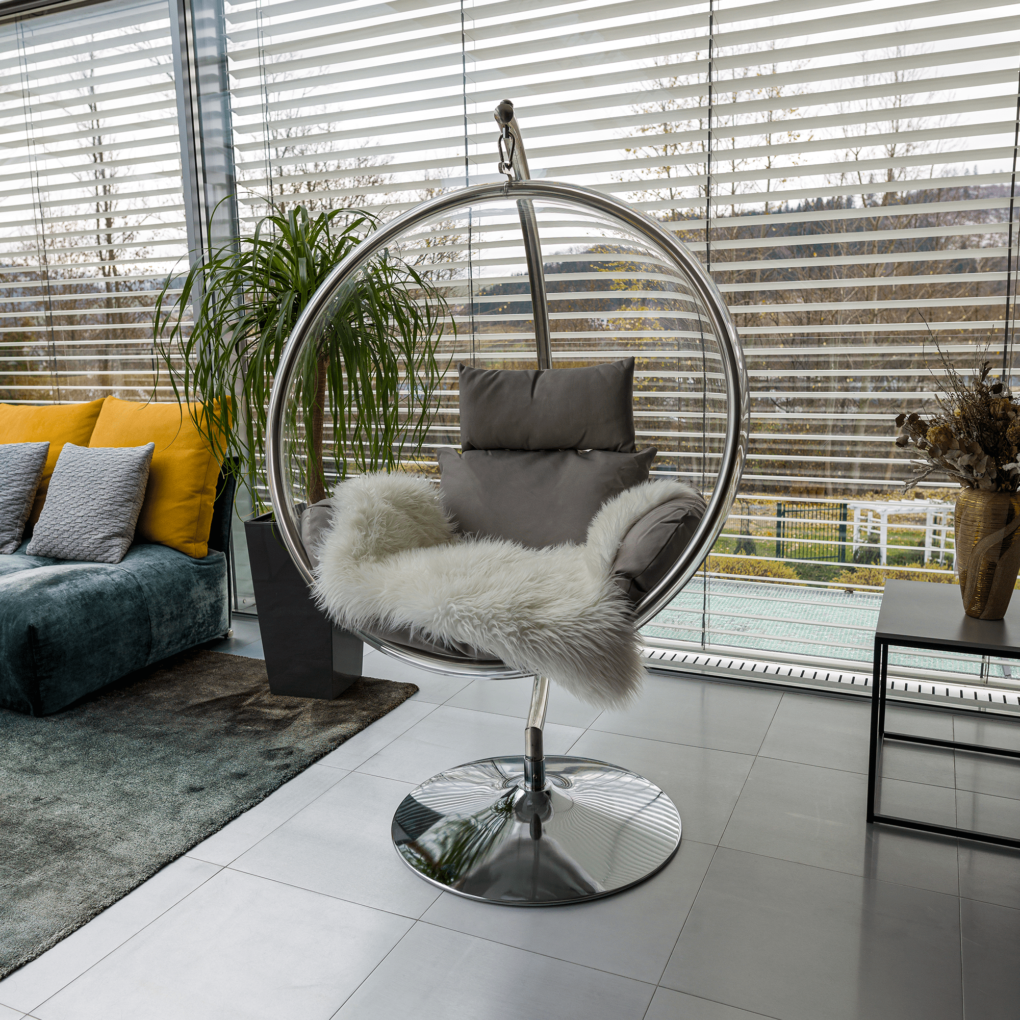 Függő fotel állvánnyal, átlátszó/ezüst/szürke, BUBBLE NEW TYP 3