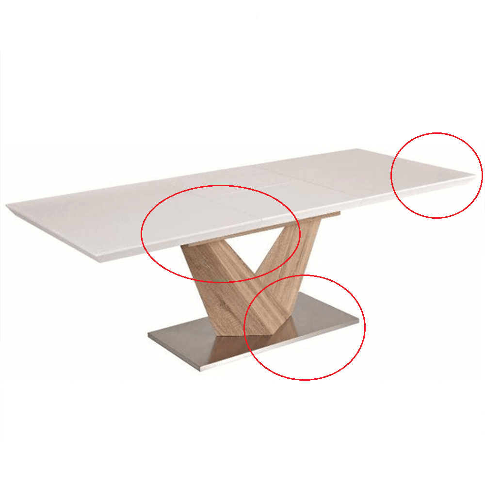 Jedálenský stôl, biela extra vysoký lesk HG/dub sonoma, 160x90 cm, DURMAN P5, poškodený tovar
