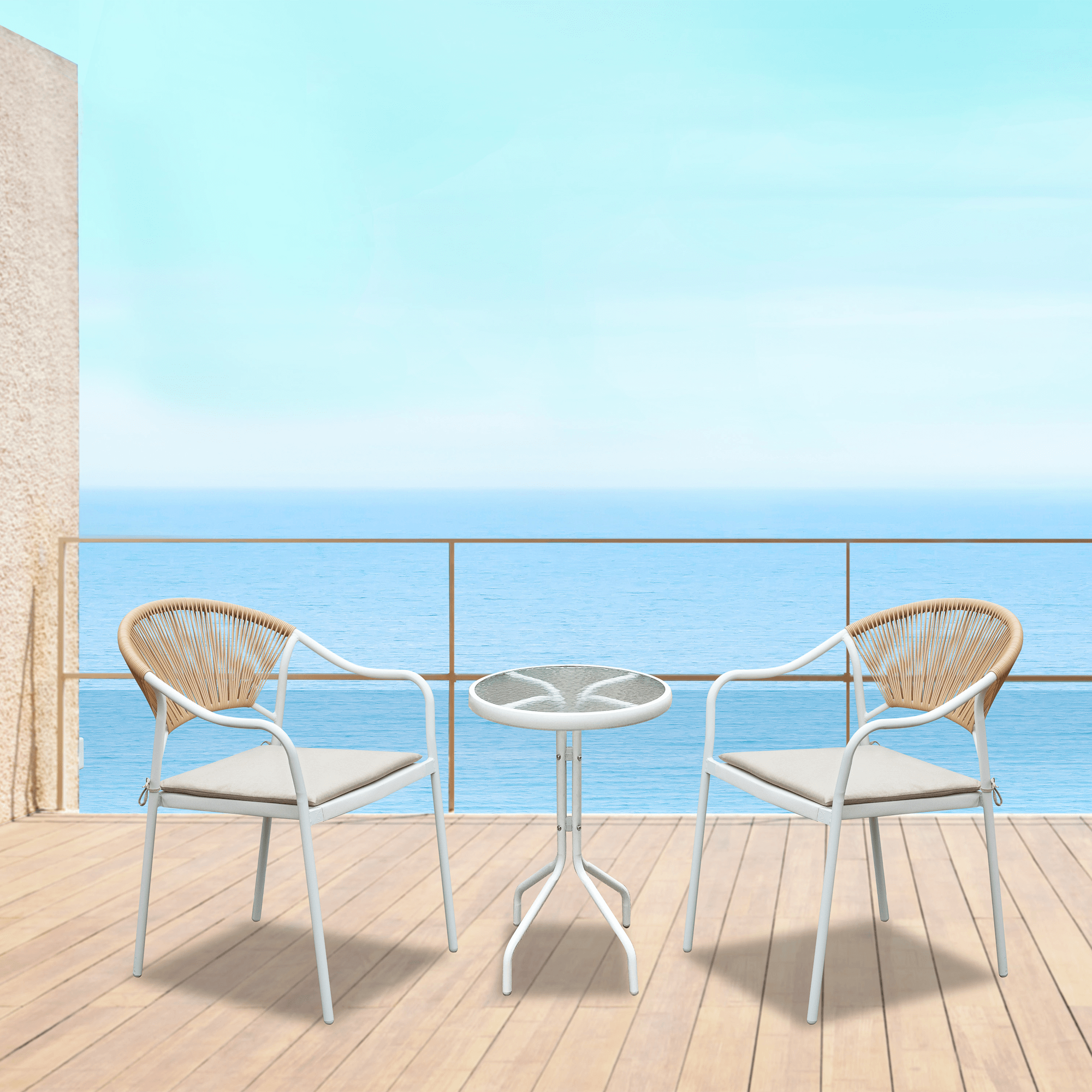 Kerti 3 darabos rattan szett, fehér/bézs, ELIOR