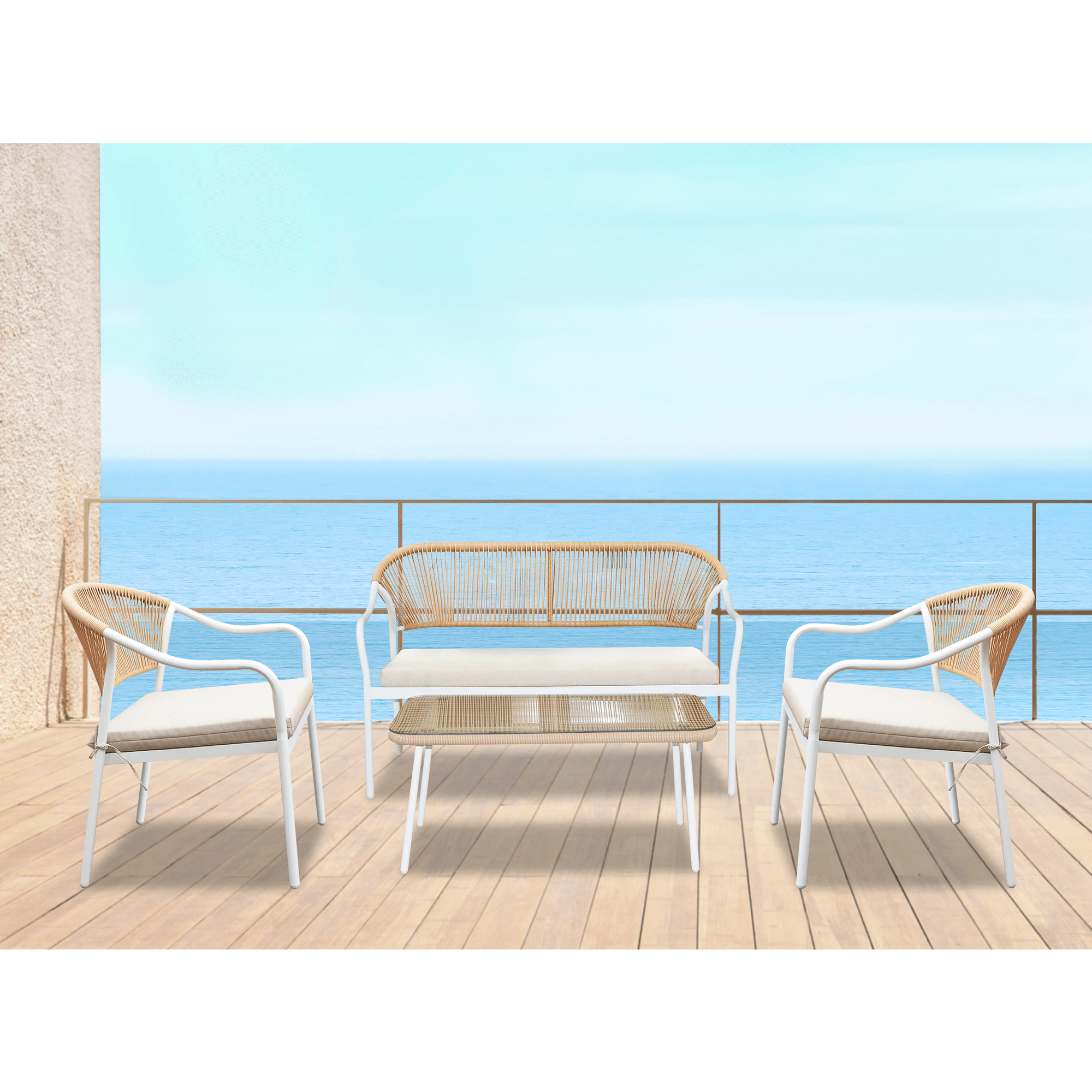 Kerti 4 darabos rattan szett, fehér/bézs, PALNY Kerti 4 darabos rattan szett, fehér/bézs, PALNY