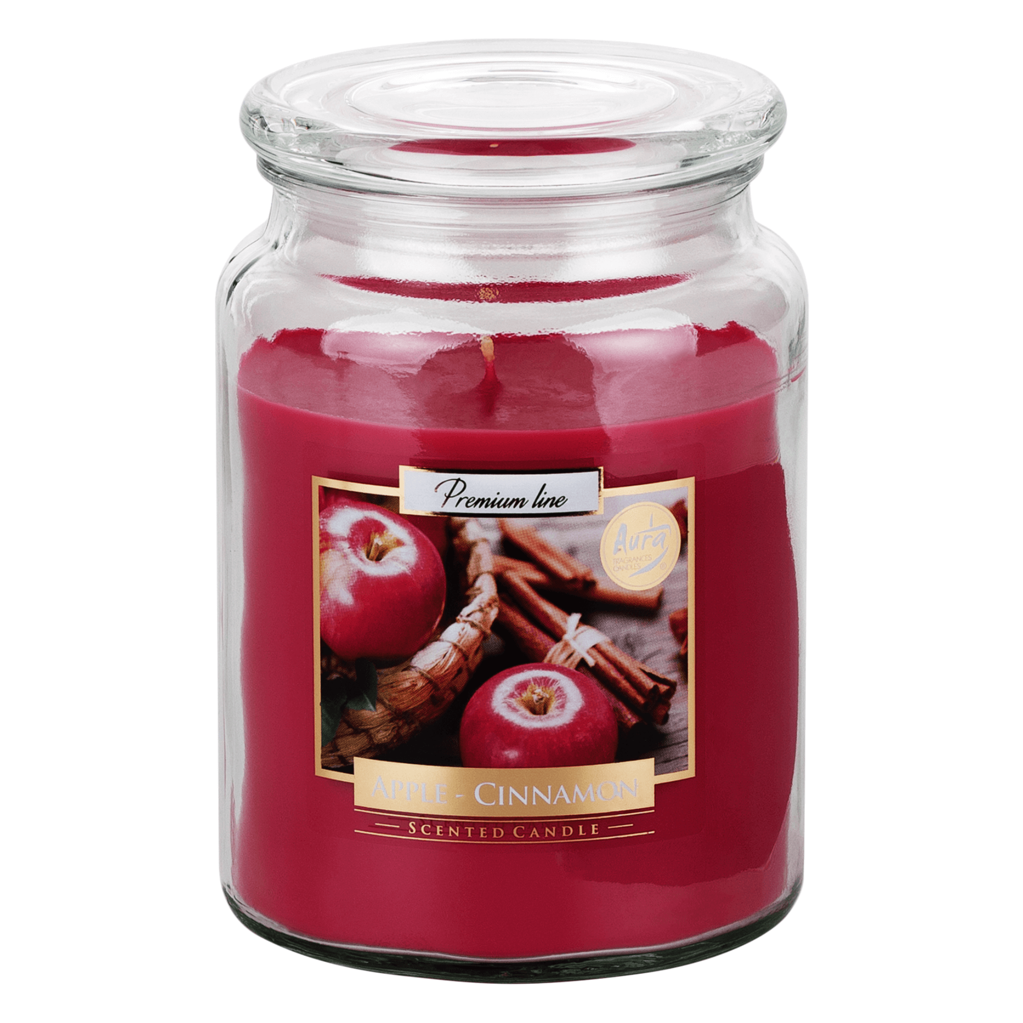 Sviečka v skle s vrchnákom, červená, jablko/škorica, 500 g, LEANA