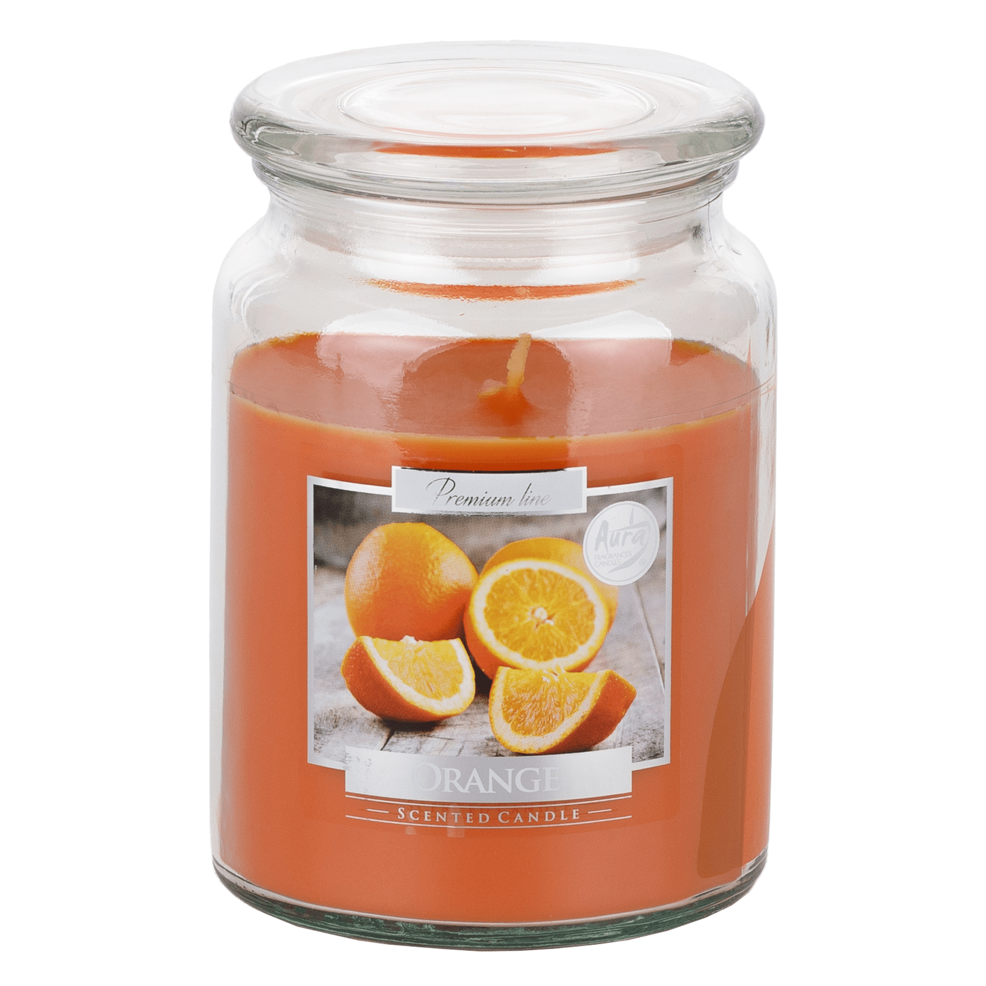 Sviečka v skle s vrchnákom, oranžová, pomaranč, 500 g, LEANA