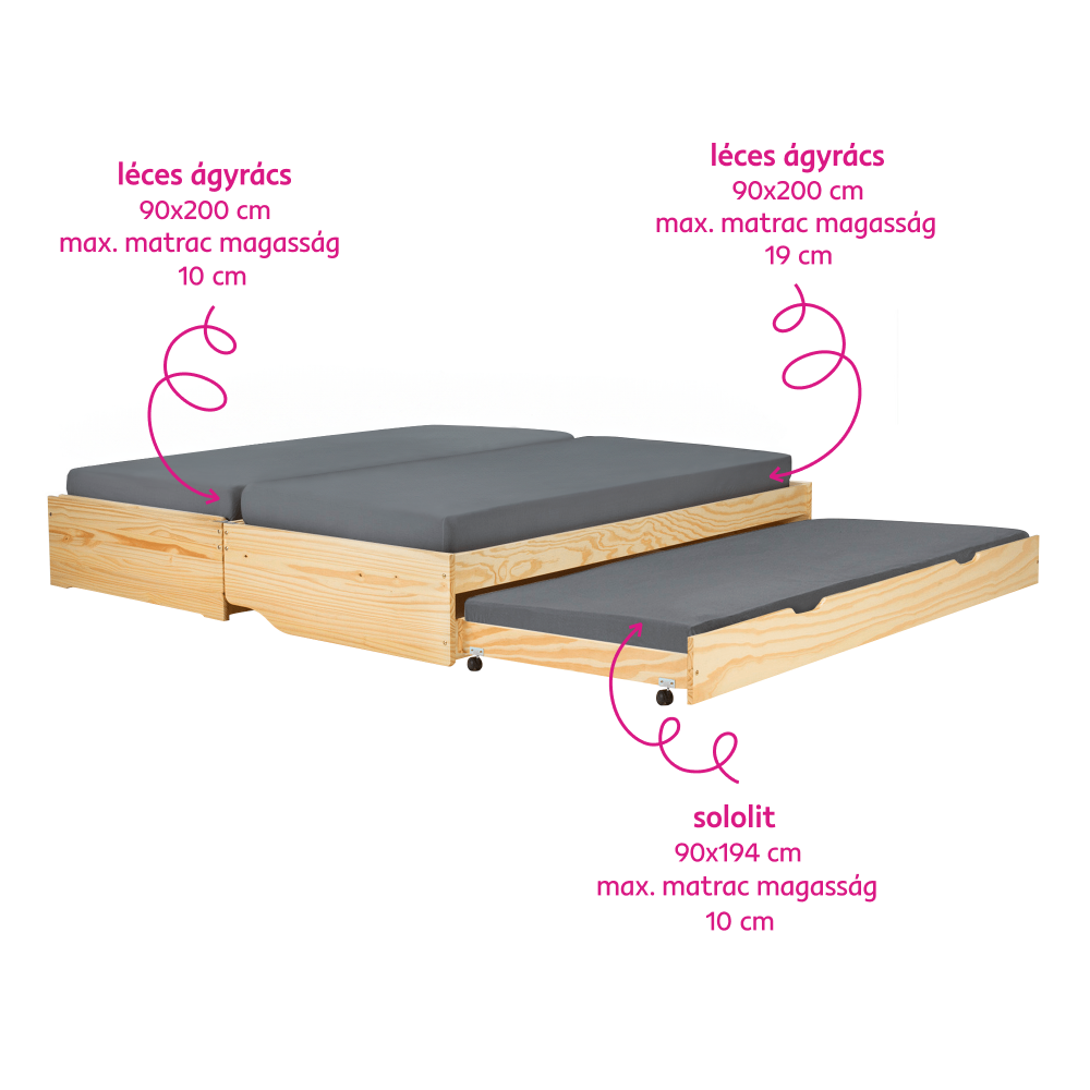 Ágy kihúzható pótágyakkal, természetes, tömörfa, 90x200, FLOPY