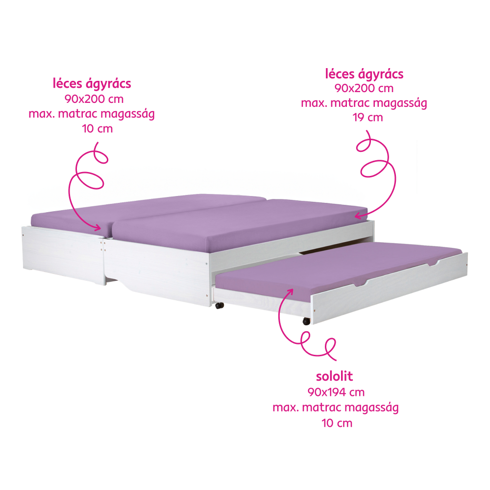 Ágy kihúzható pótágyakkal, fehér, tömörfa, 90x200, FLOPY Ágy kihúzható pótágyakkal, fehér, tömörfa, 90x200, FLOPY