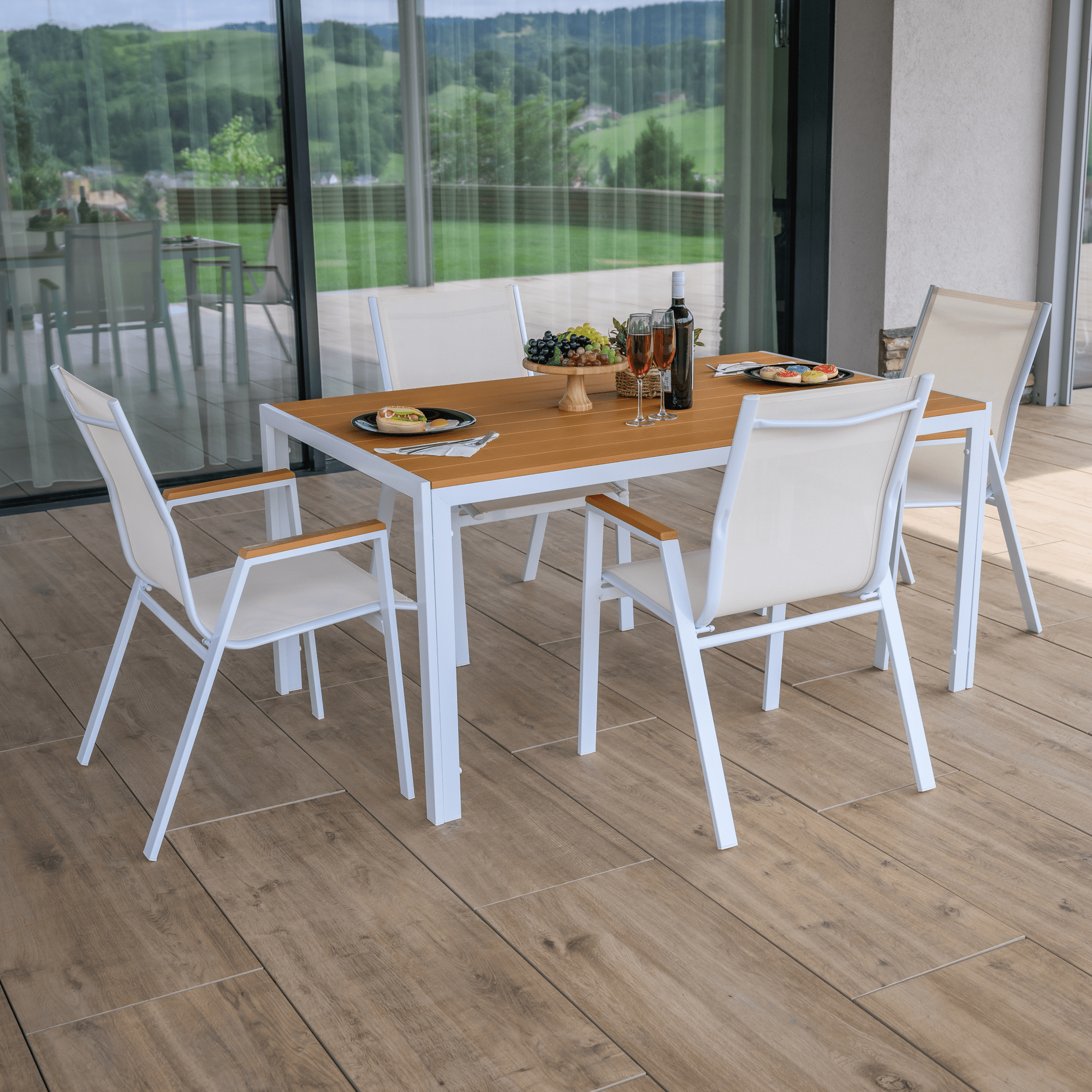 Kerti asztal, fehér acél/tölgy, BONTO