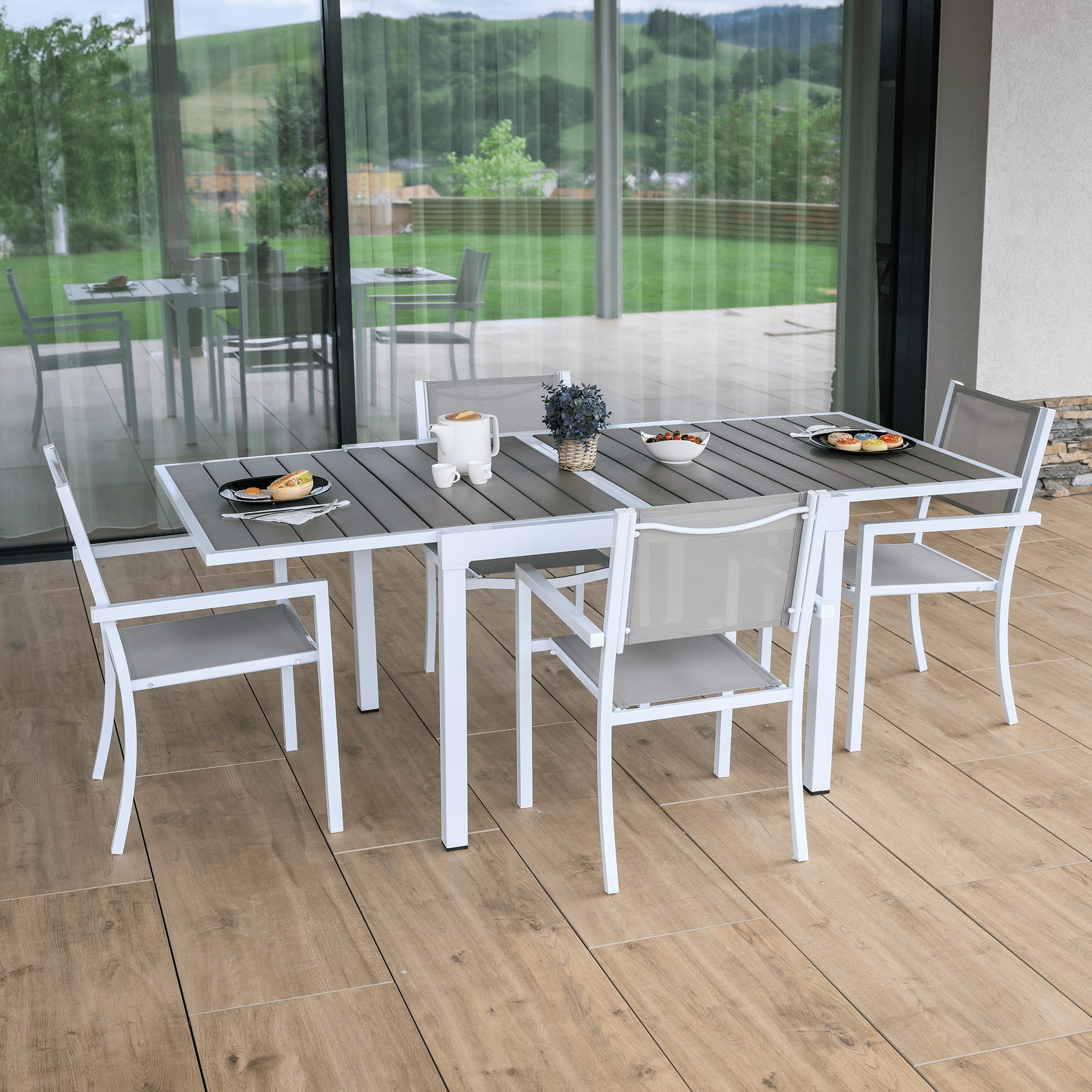 Kerti rakásolható szék, fehér acél/világosszürke, DORIO