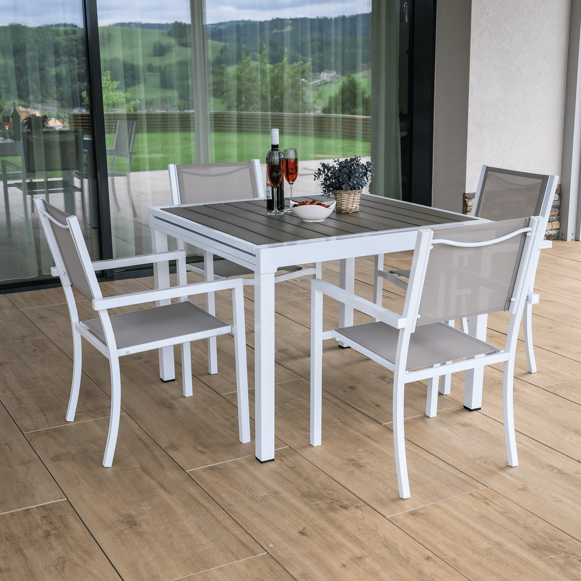 Kerti rakásolható szék, fehér acél/világosszürke, DORIO