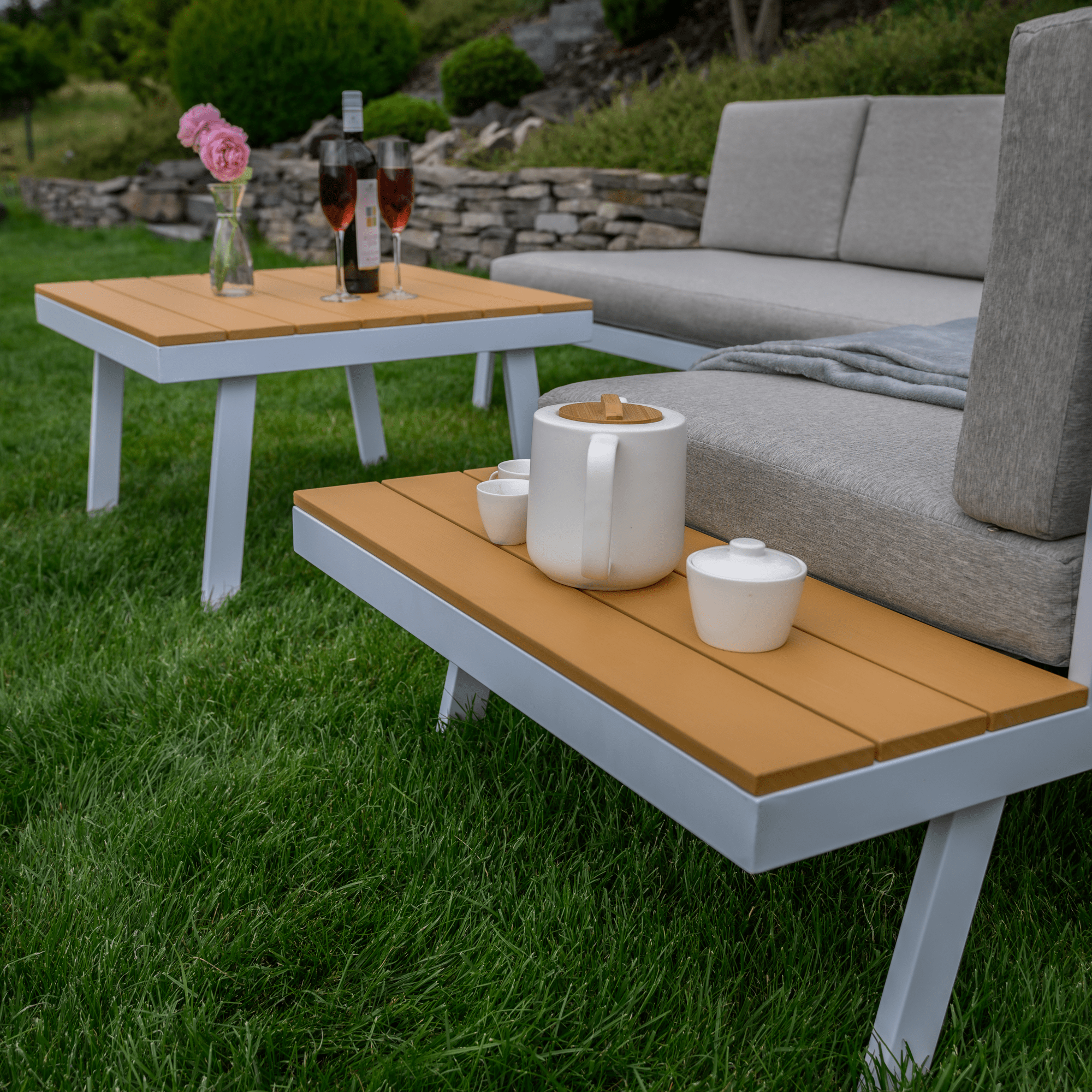 Kerti szett, fehér acél/tölgy/világosszürke, PELOR