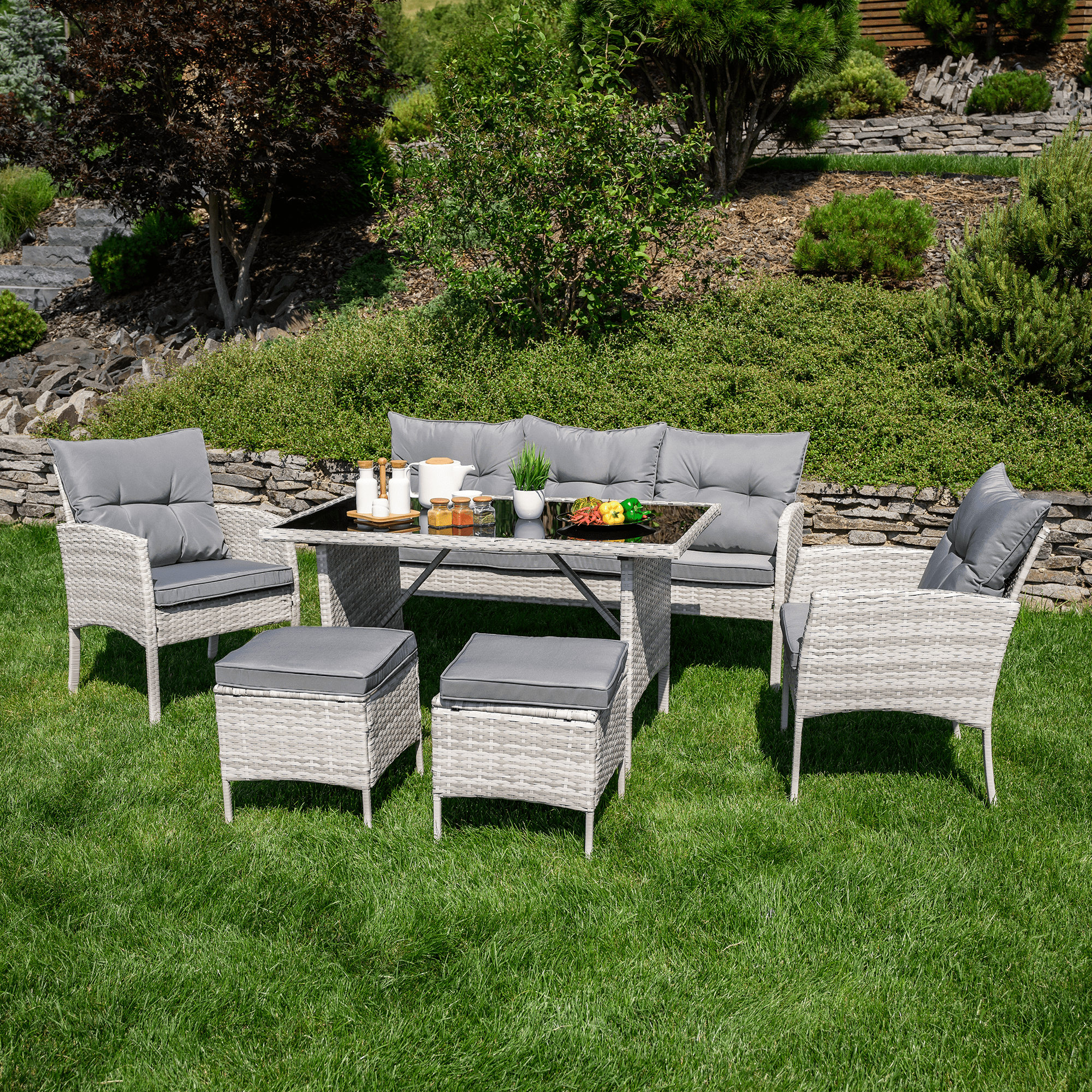 Kerti rattan szett, világosszürke, LALEN