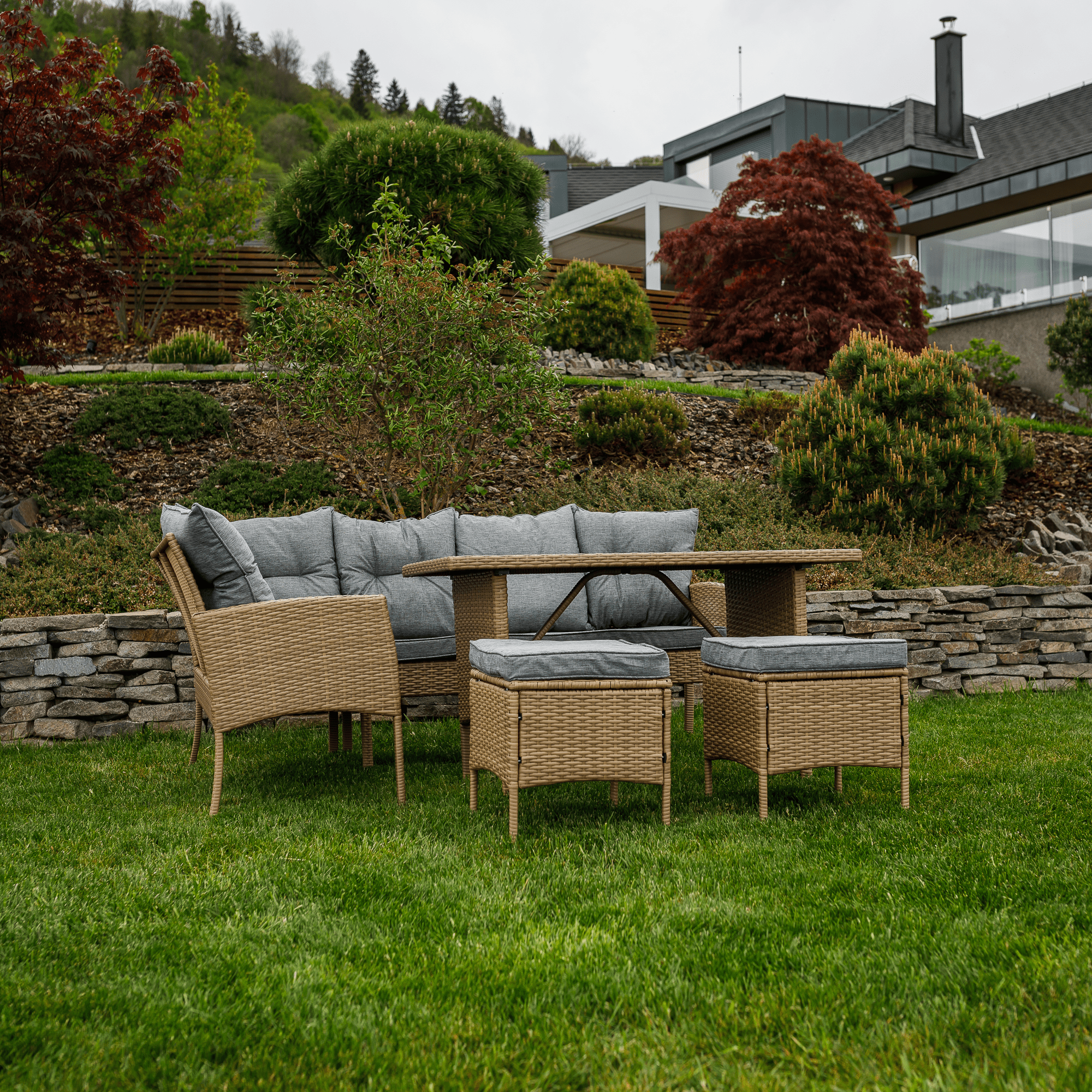 Kerti rattan szett, természetes/világosszürke, RANDI