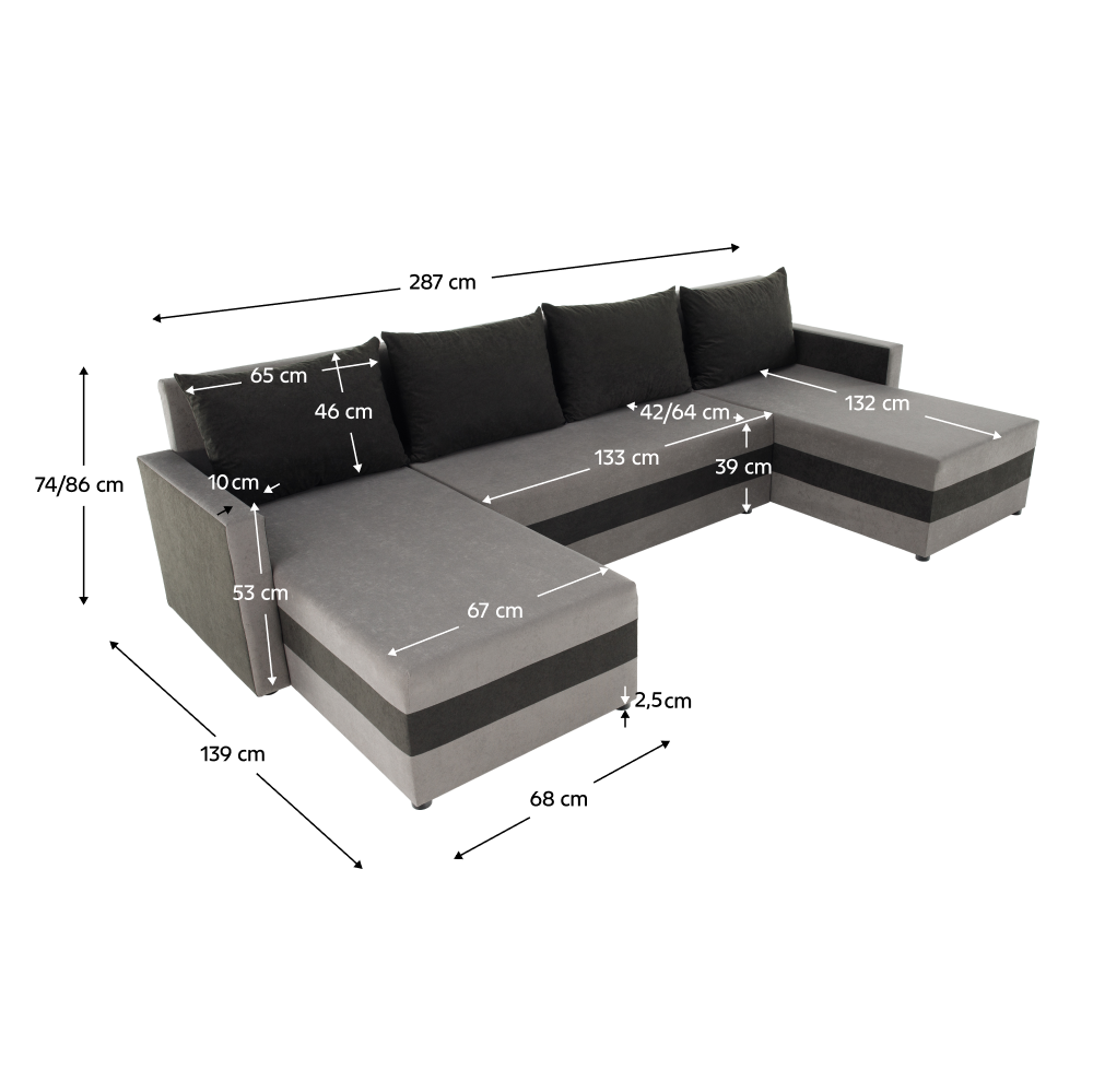 Univerzálna sedacia súprava, sivá/čierna, PAULITA U