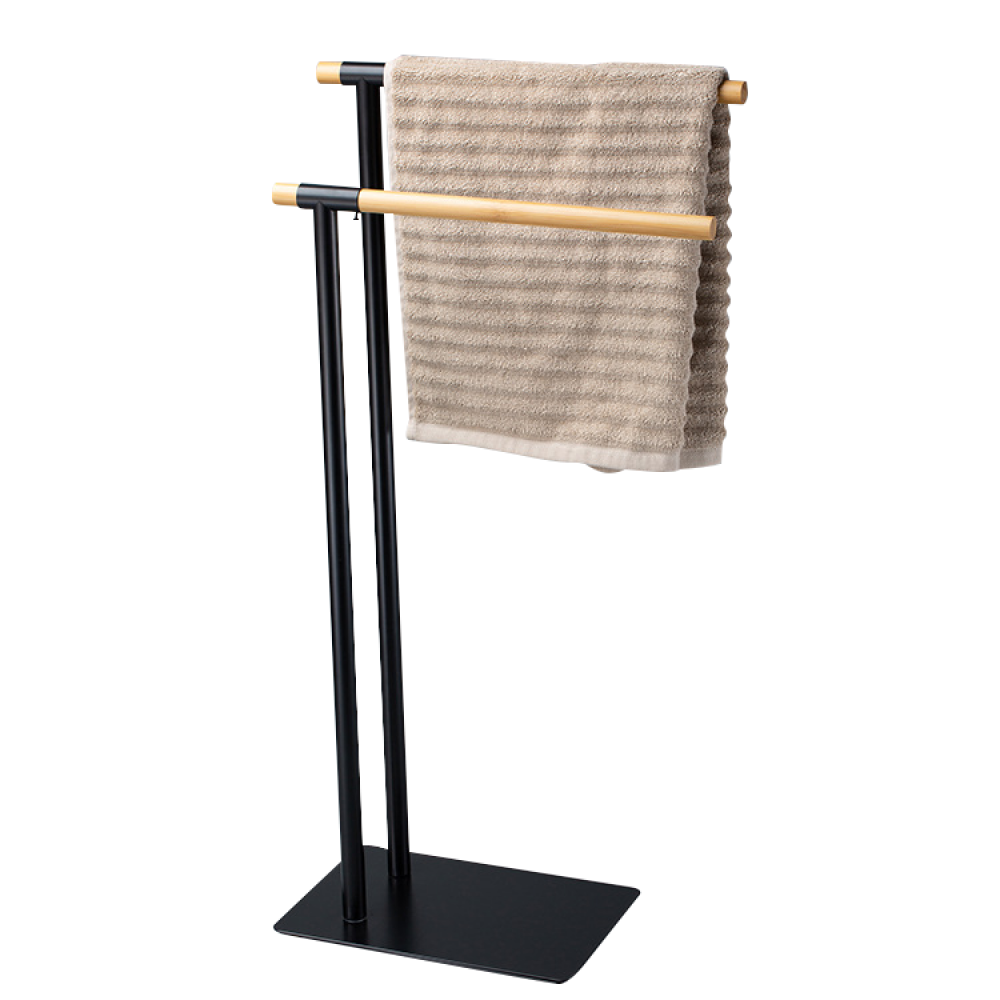 Törölközőtartó, fekete fém/bambusz, LABAN