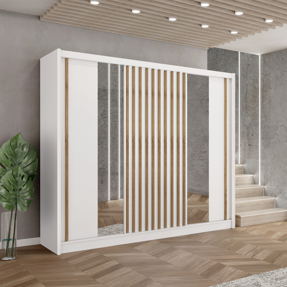 Skriňa s posuvnými dverami, biela/dub craft, 250x215 cm, LADDER