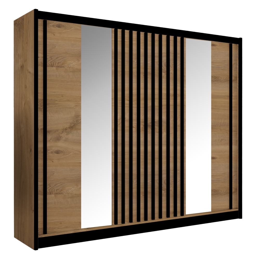 Skriňa s posuvnými dverami, dub craft/čierna, 250x215 cm, LADDER