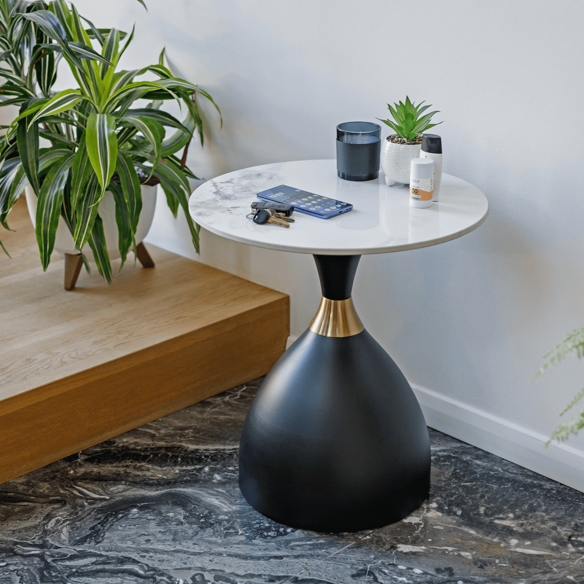 Dohányzóasztal, fehér márvány/fekete/arany, acél, ODIS Dohányzóasztal, fehér márvány/fekete/arany, acél, ODIS