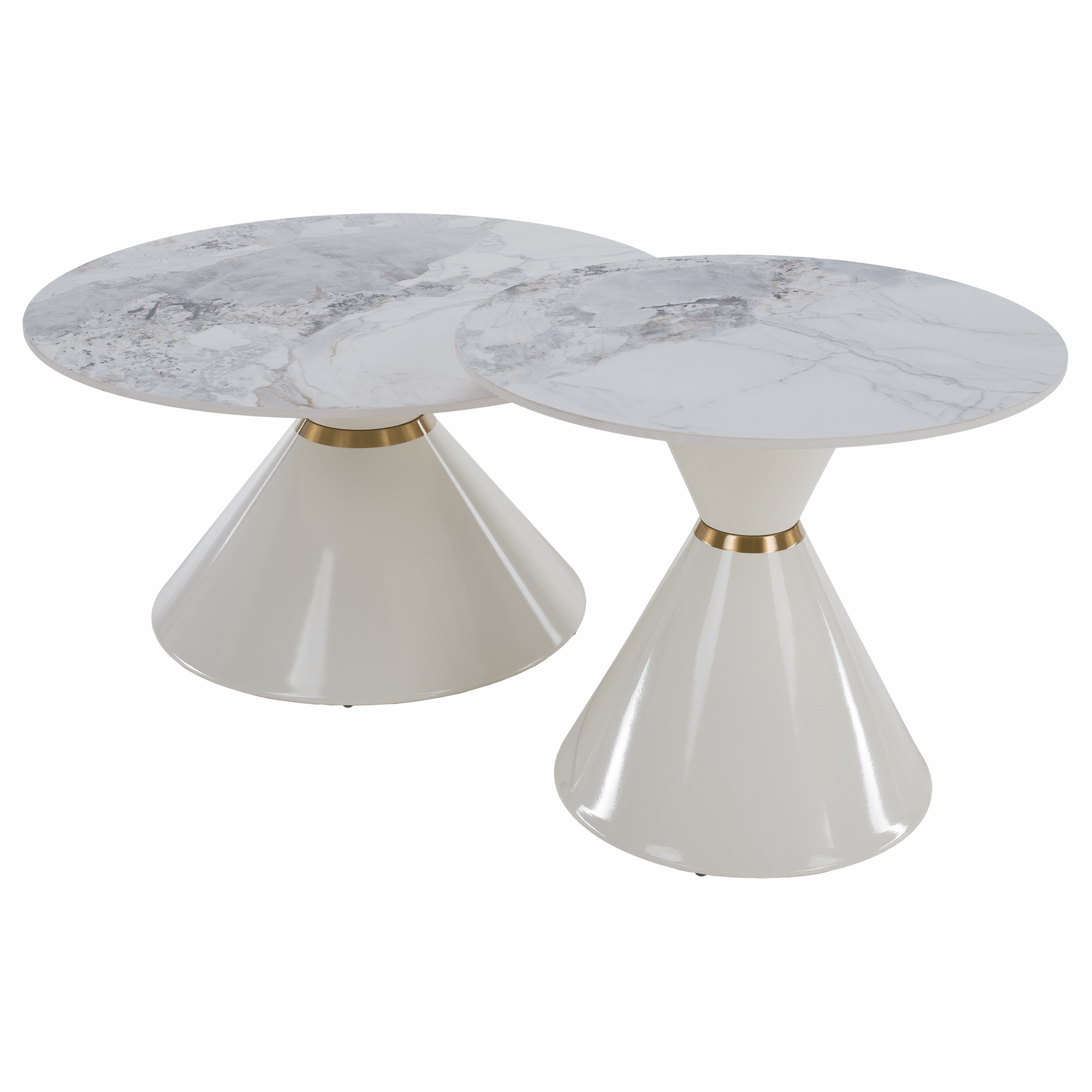 Dohányzóasztalok, 2 db-os szett, fehér márvány/fehér/arany, acél, MABUZ Dohányzóasztalok, 2 db-os szett, fehér márvány/fehér/arany, acél, MABUZ