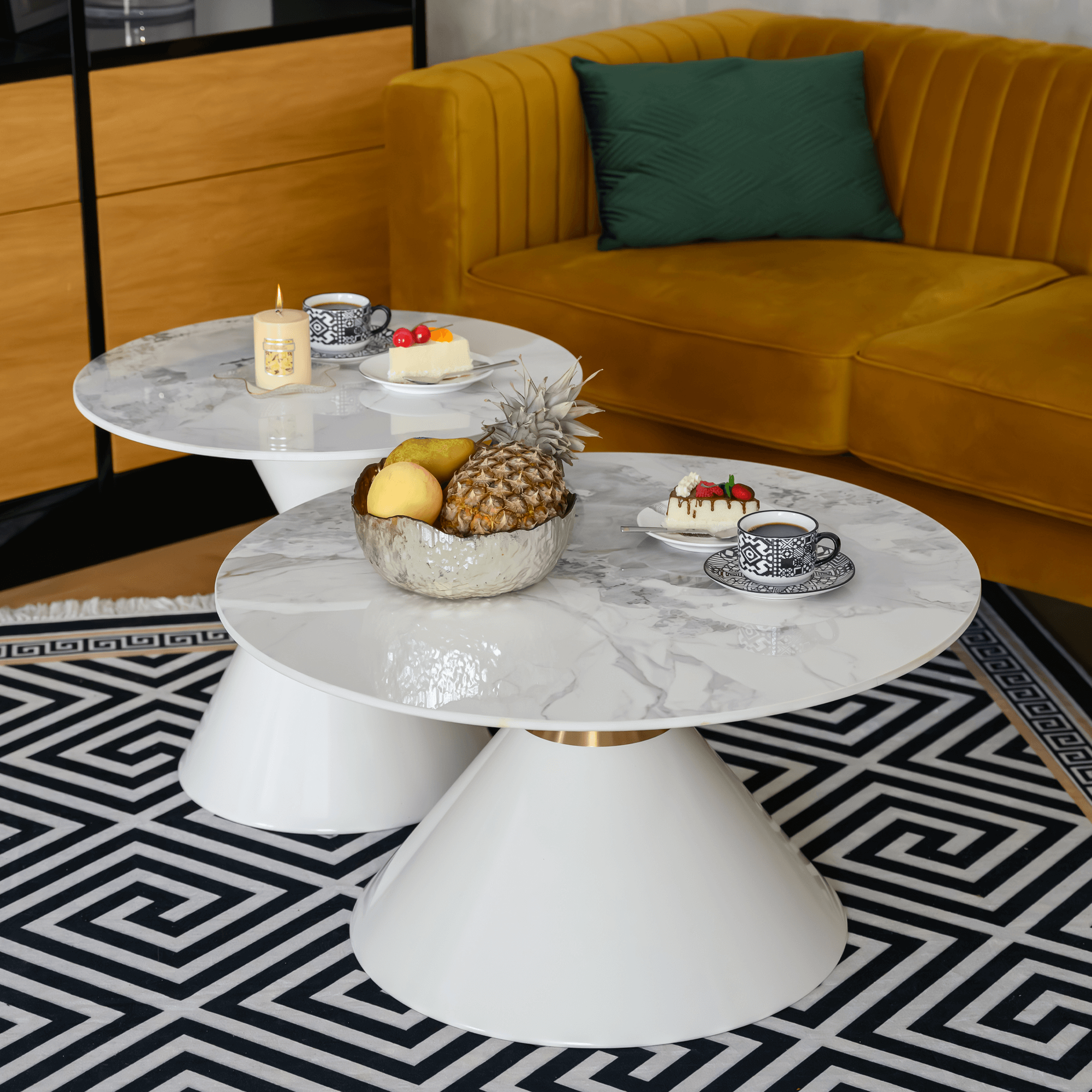 Dohányzóasztalok, 2 db-os szett, fehér márvány/fehér/arany, acél, MABUZ Dohányzóasztalok, 2 db-os szett, fehér márvány/fehér/arany, acél, MABUZ