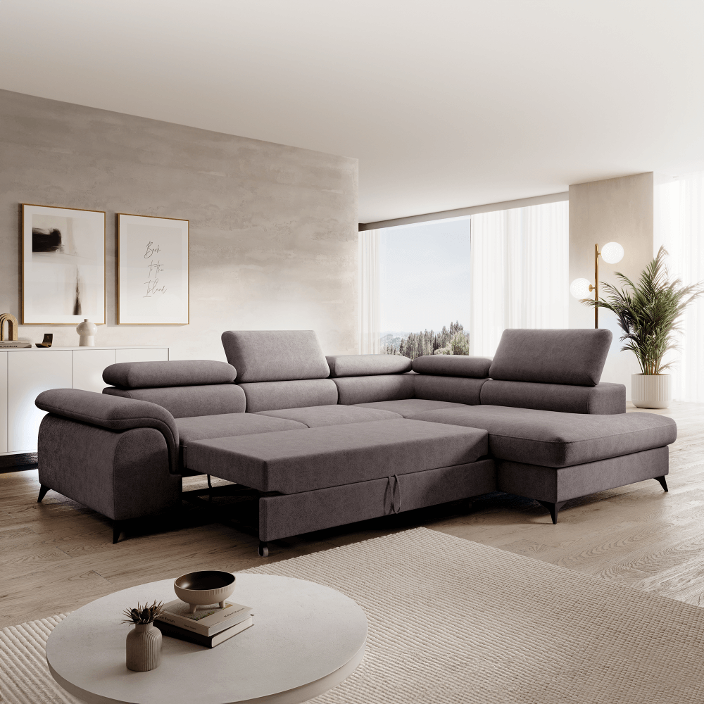 Rozkladacia sedacia súprava, sivohnedá, pravá, PONY ROH