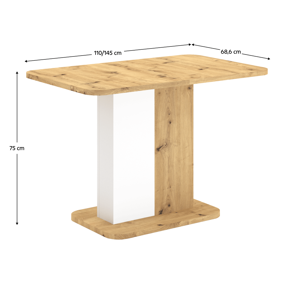 Jídelní rozkládací stůl, dub artisan/bílá, 110-145x68,6 cm, NETOX