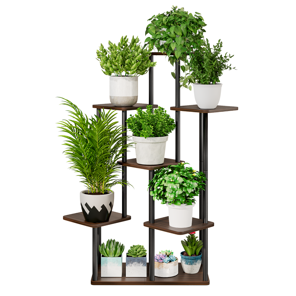 Fém virágállvány, fekete/rusztikus fa, ADITE TYP 2