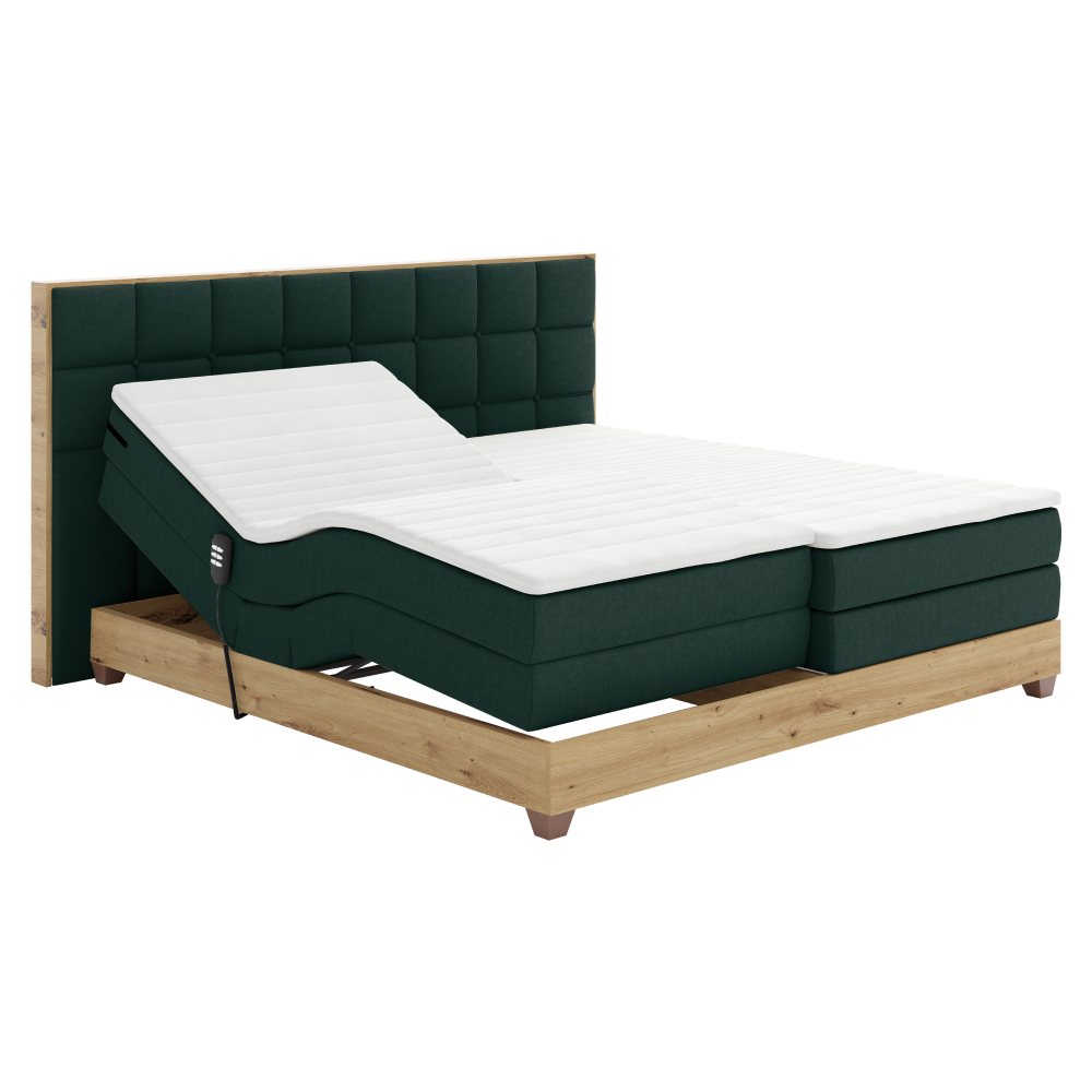 Elektromos állítható ágy, boxspring, zöld/artisan tölgy, 180x200, tiana