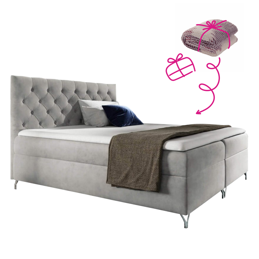 Boxspring ágy, 140x200, világosszürke Velvet szövet, GULIETTE + ajándék