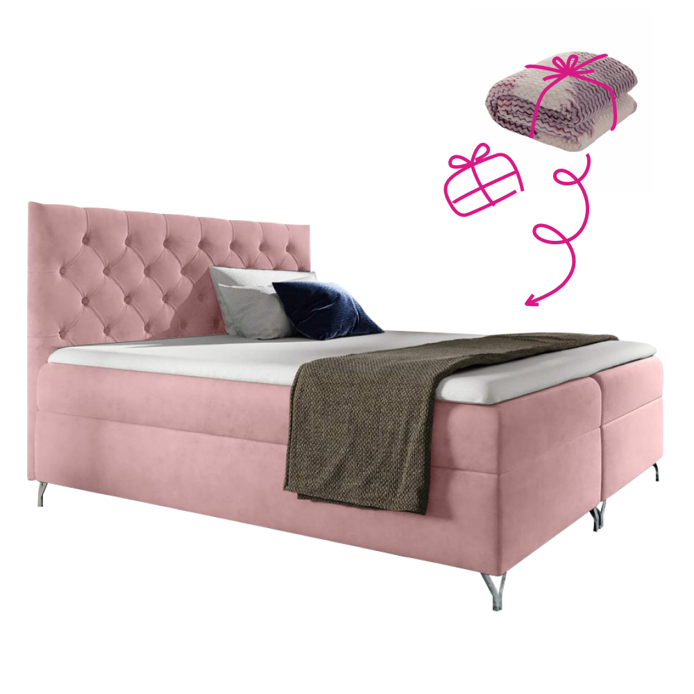 Boxspring ágy, 160x200, rózsaszín Velvet szövet, GULIETTE + ajándék