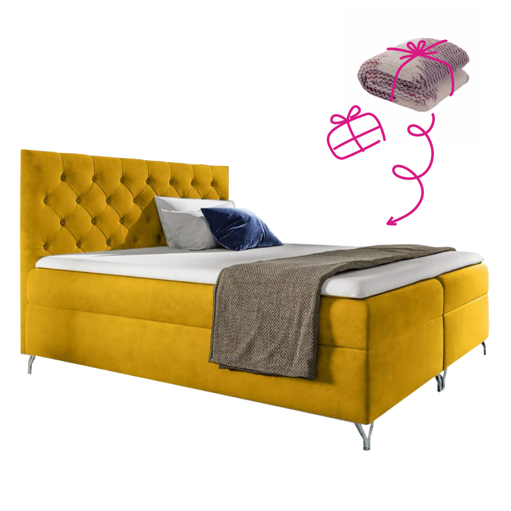 Boxspring ágy, 160x200, sárga Velvet szövet, GULIETTE + ajándék