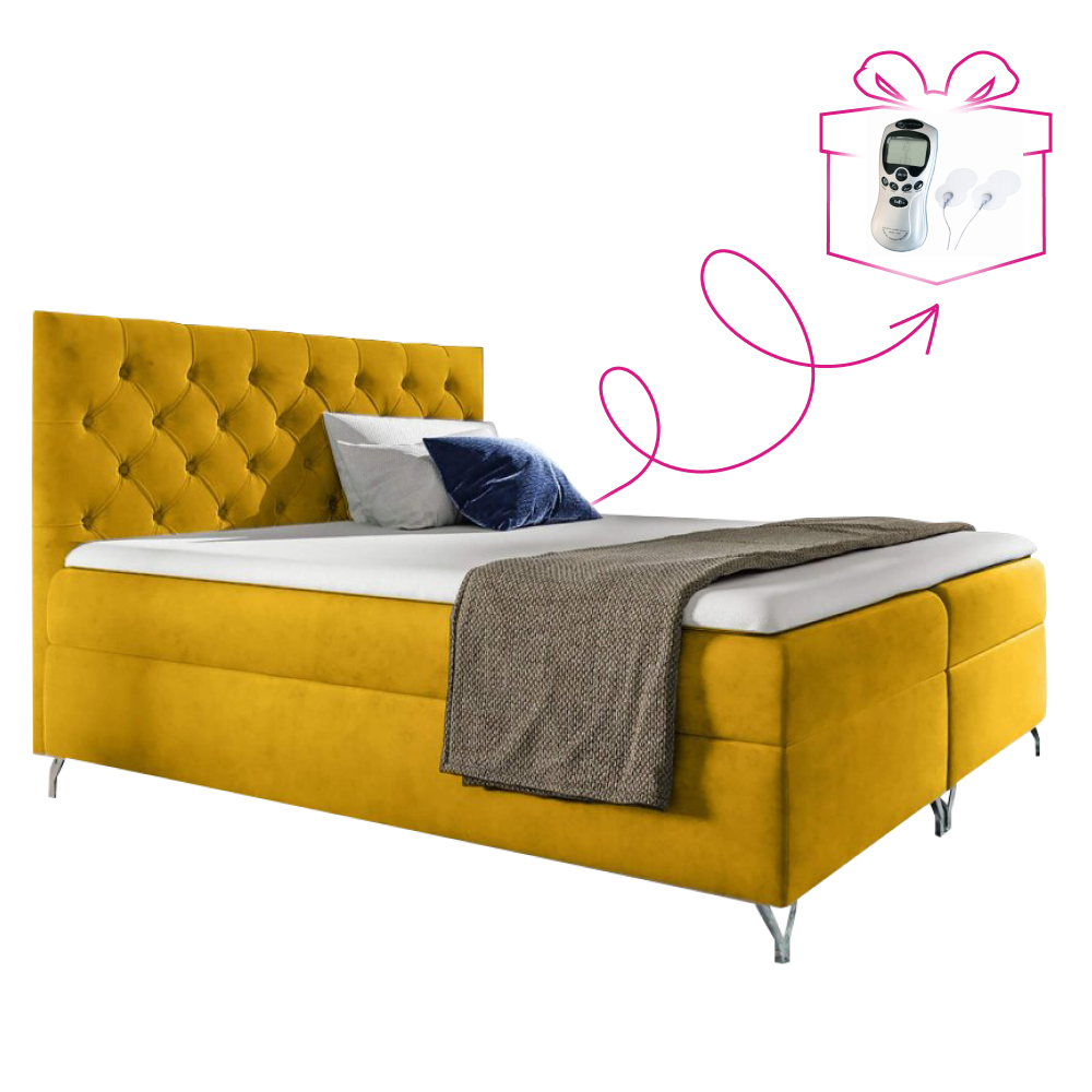 Boxspring ágy, 200x200, sárga velvet szövet, guliette + ajándék