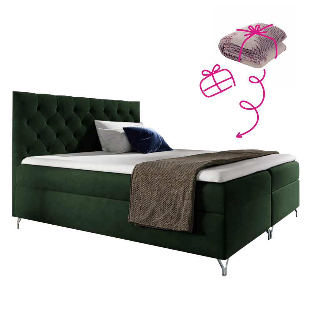 Boxspring ágy, 140x200, zöld Velvet szövet, GULIETTE + ajándék