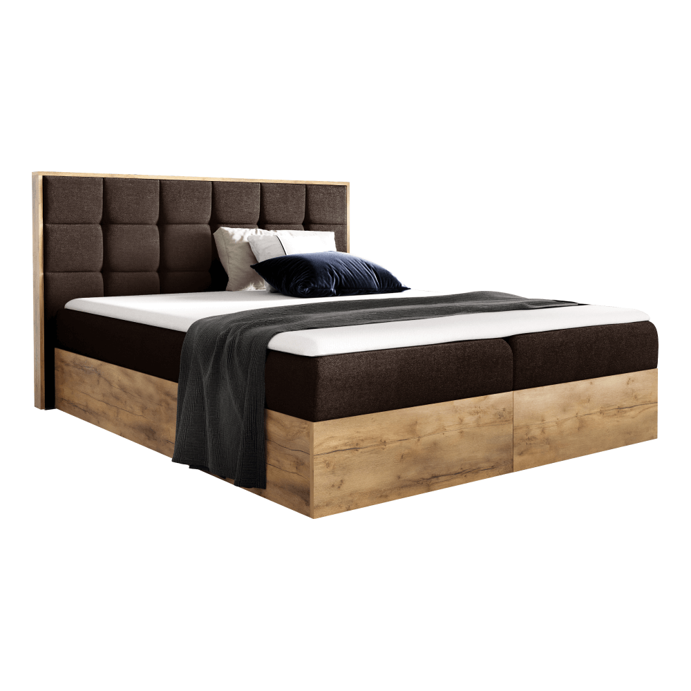 Boxspring ágy, 140x200, barna paros szövet/lancelot tölgy, wood 1