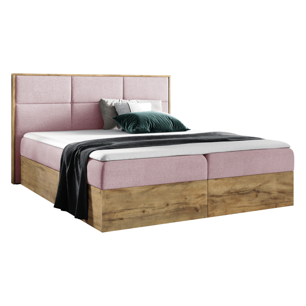 Boxspring ágy, 160x200, rózsaszín kronos szövet/lancelot tölgy, wood 2