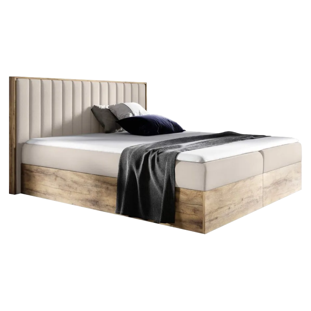 Boxspring ágy, 140x200, bézs paros szövet/lancelot tölgy, wood 4