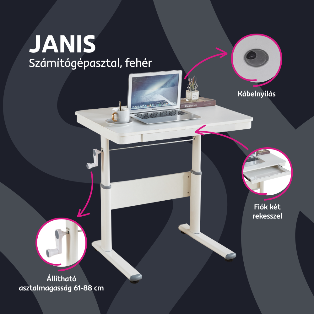 Növekvő íróasztal, fehér, JANIS