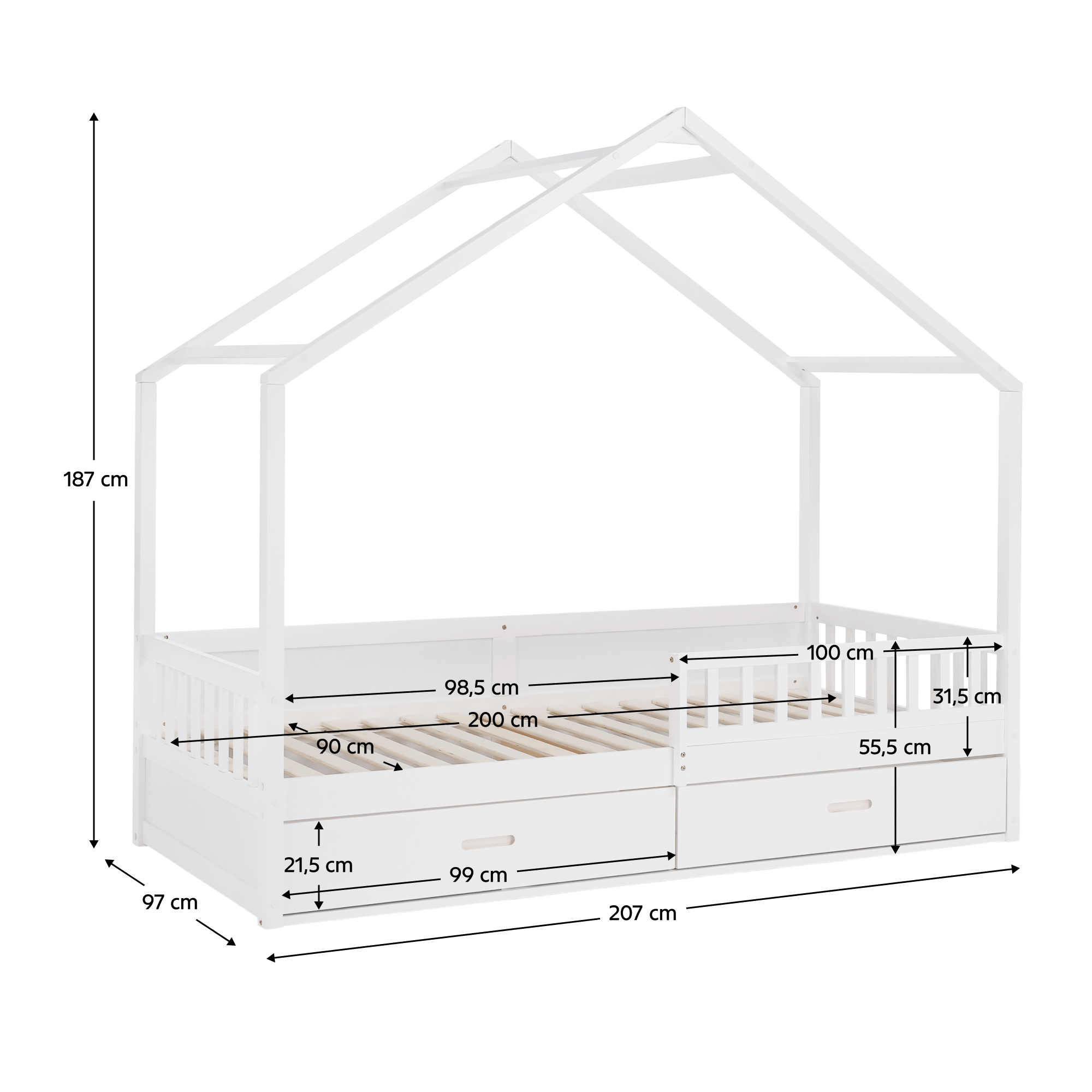 Montessori ágy, 90x200, fehér, tömör, BIANKA