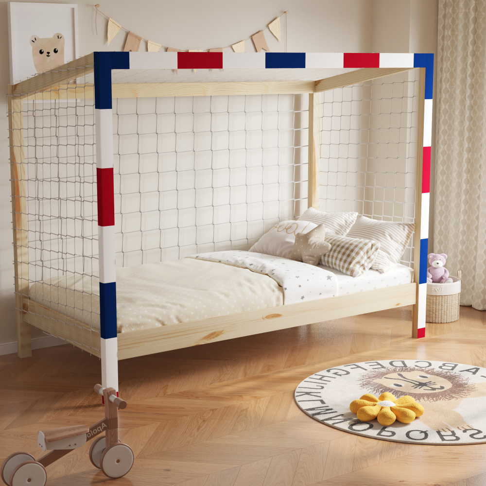 Montessori ágy, természetes/fehér/kék/piros, 90x200, FUTAL