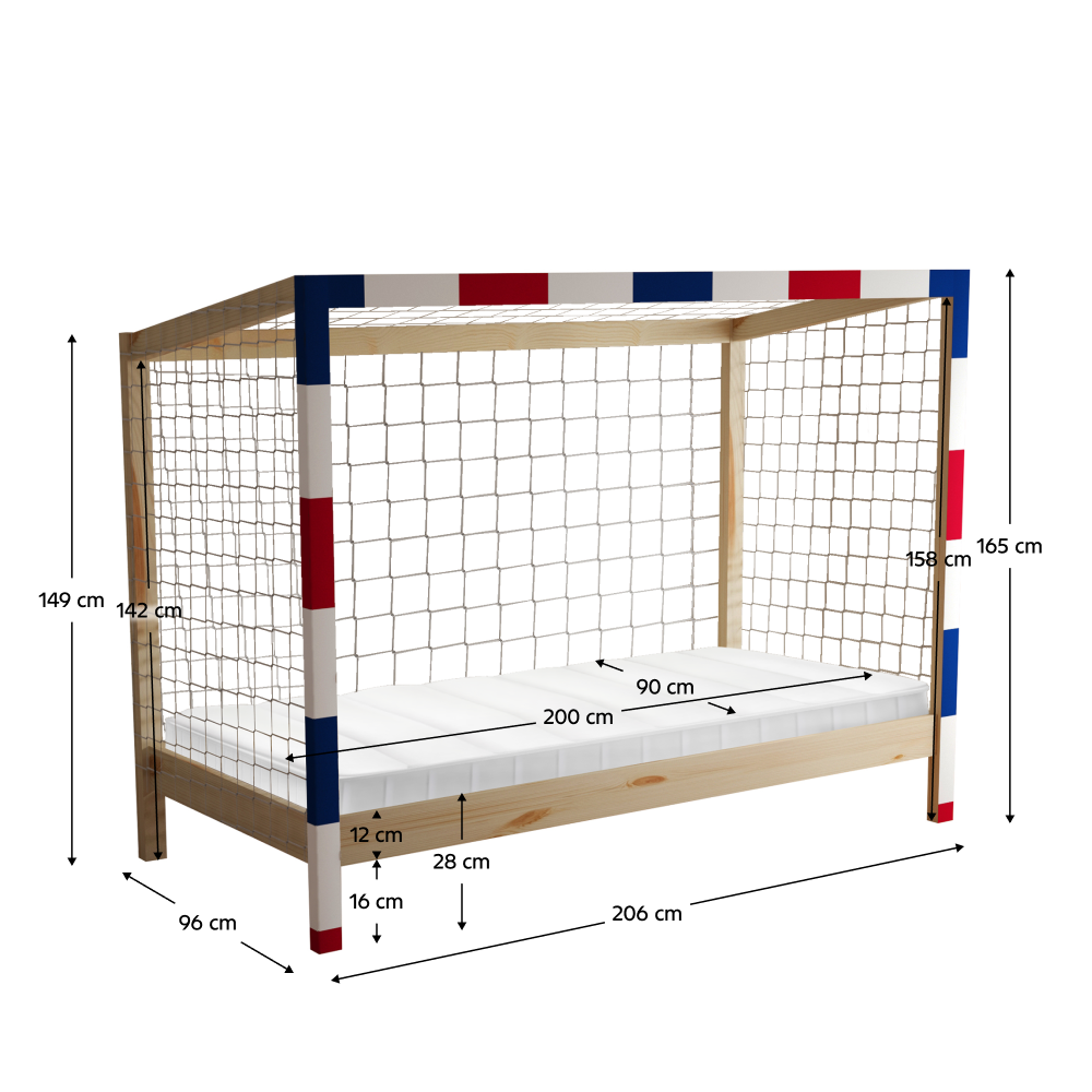 Montessori ágy, természetes/fehér/kék/piros, 90x200, FUTAL