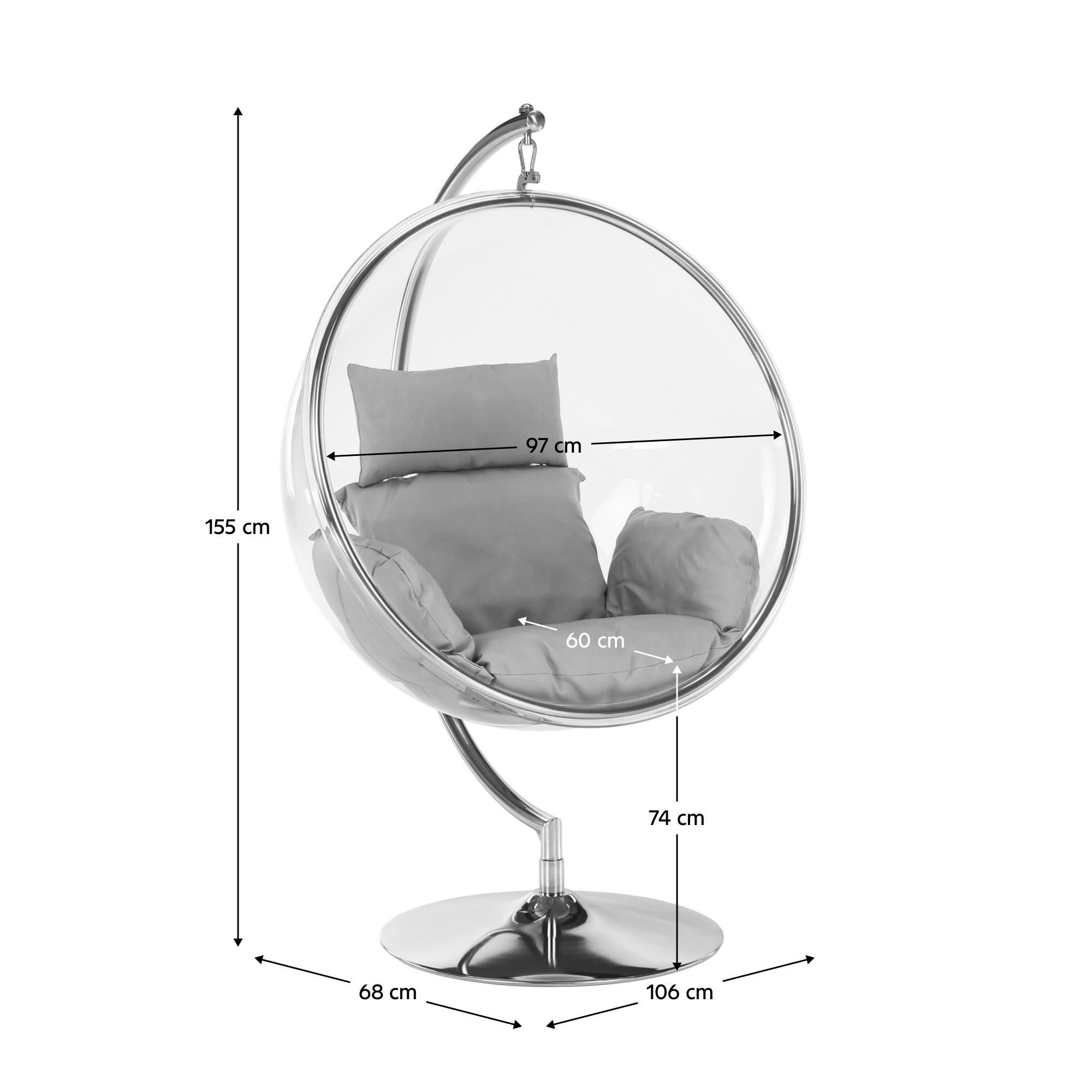 Függő fotel állvánnyal, átlátszó/ezüst/szürke, BUBBLE NEW TYP 3
