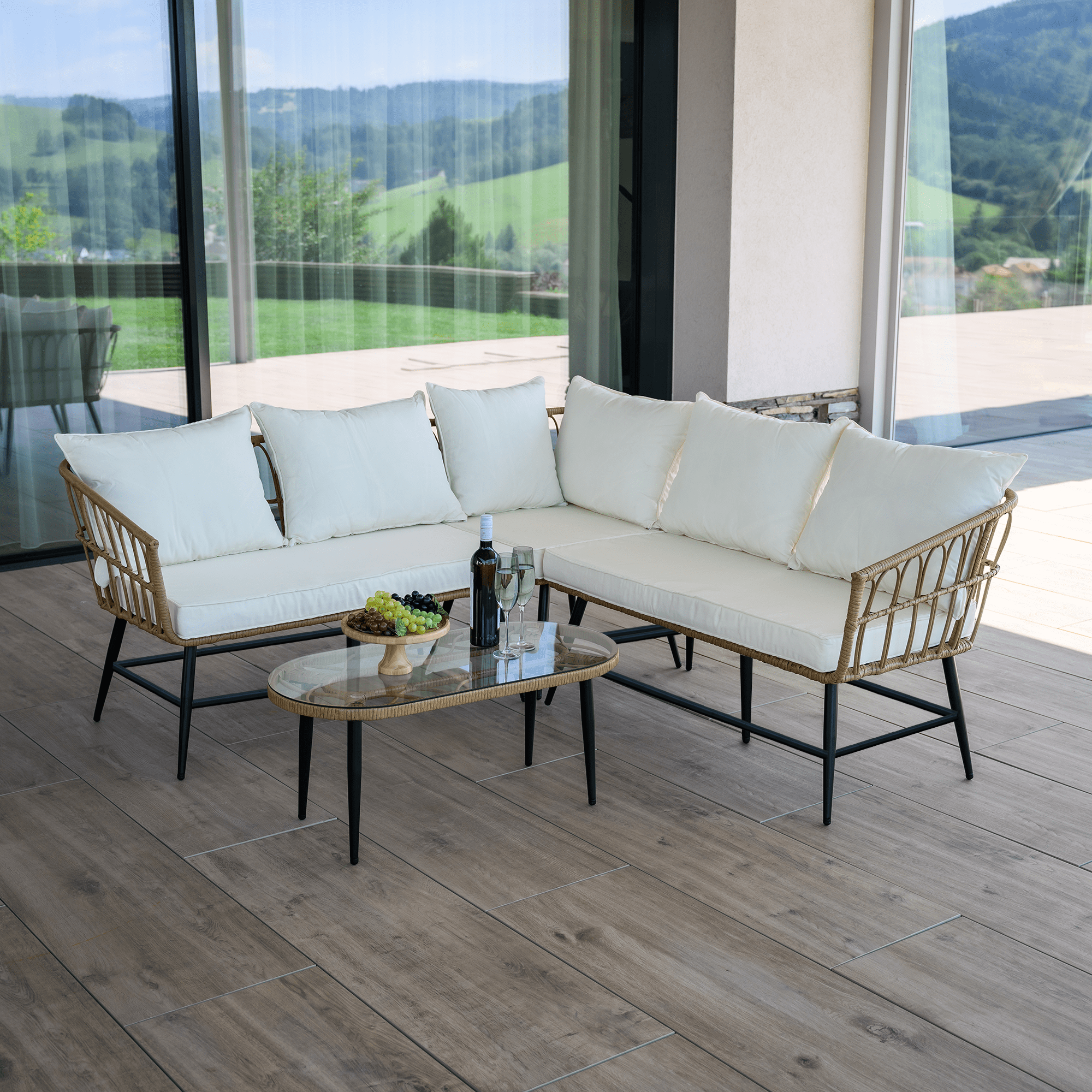 Kerti rattan szett, természetes/bézs/fekete, ARALY