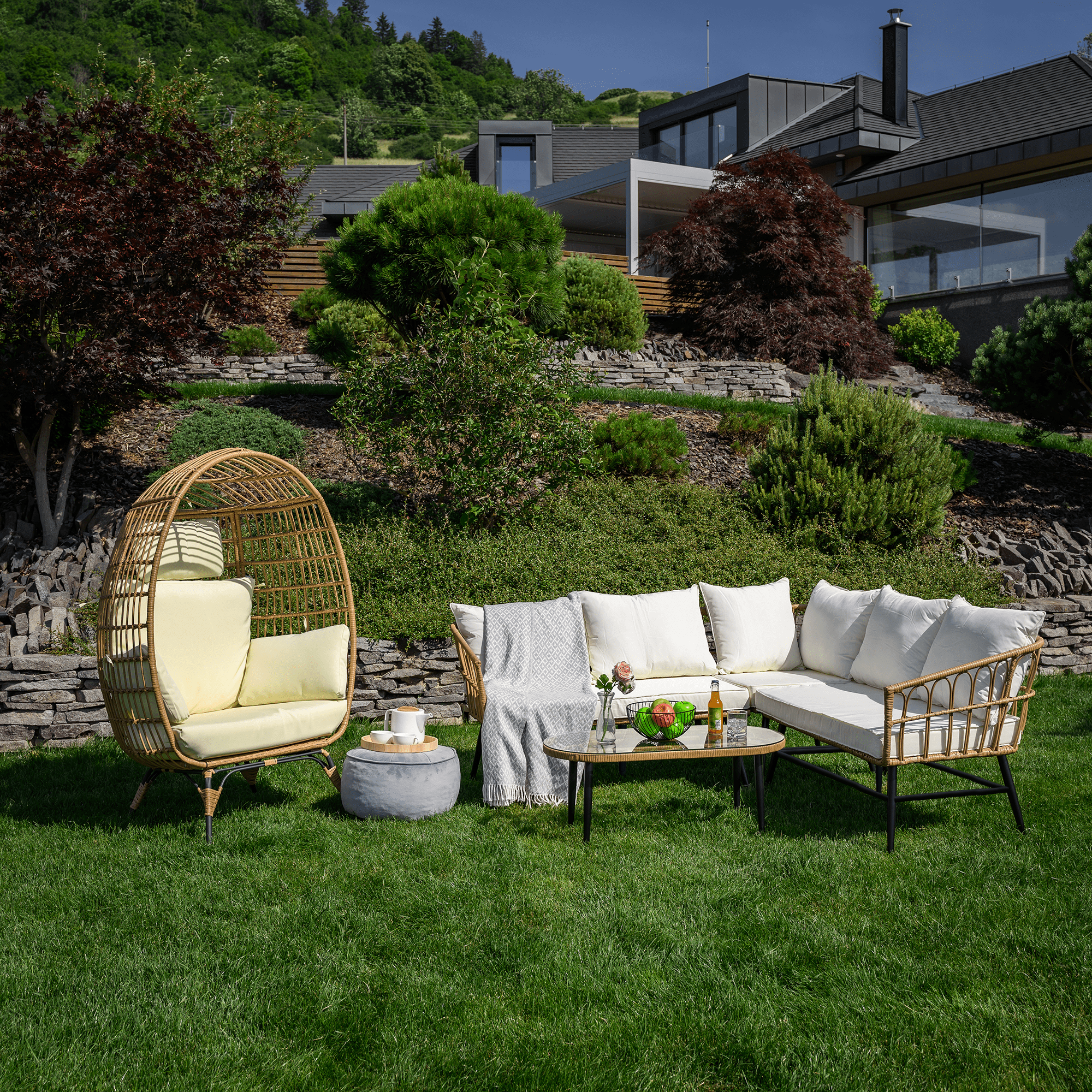 Kerti rattan szett, természetes/bézs/fekete, ARALY