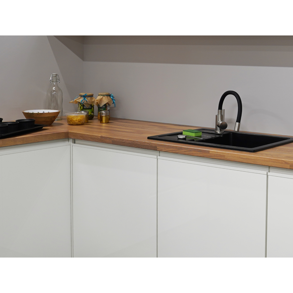 Rohová univerzálna kuchynská linka 320x200, biela vysoký lesk HG/biela FLOT