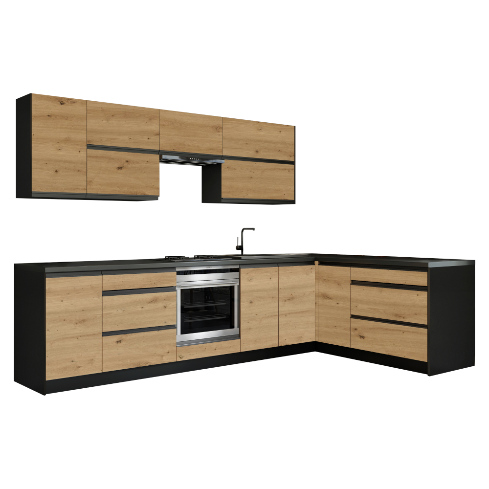 Rohová univerzálna kuchynská linka 300x180, dub artisan/čierna, BRECK