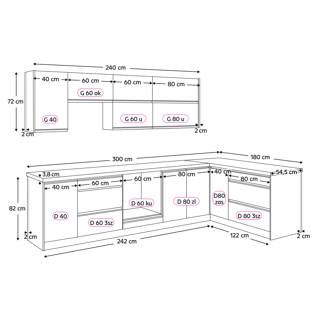 Rohová univerzálna kuchynská linka 300x180, dub artisan/čierna, BRECK