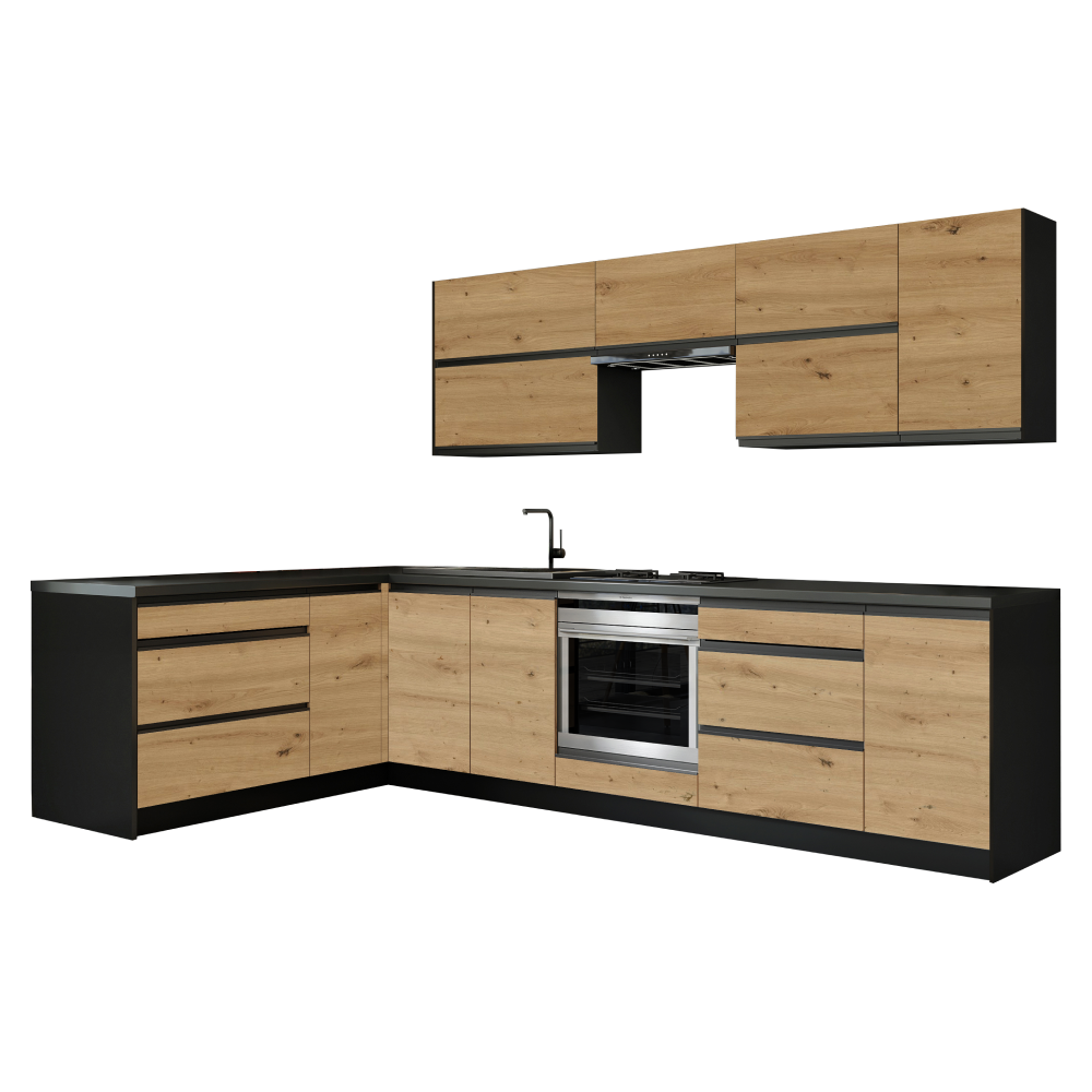 Rohová univerzálna kuchynská linka 300x180, dub artisan/čierna, BRECK