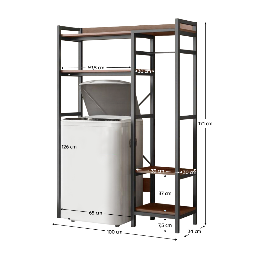 Polcállvány mosógép fölé, sötét tölgy/fekete, DELSIN