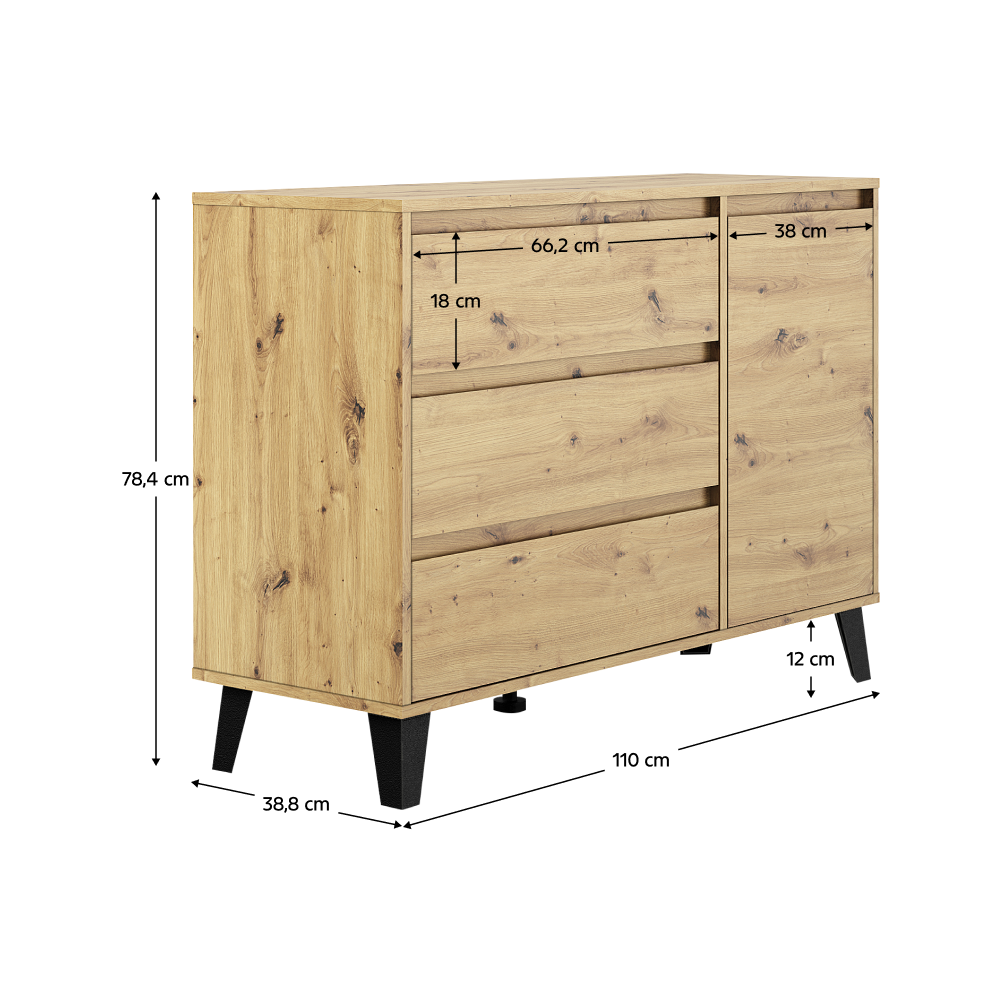 Komoda, dub artisan, BOGAN NEW 1D3S