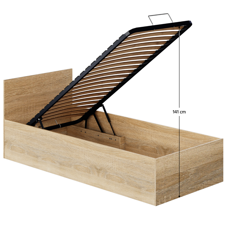 Posteľ s kovovým roštom a úložným priestorom, 90x200, dub sonoma, DOLI