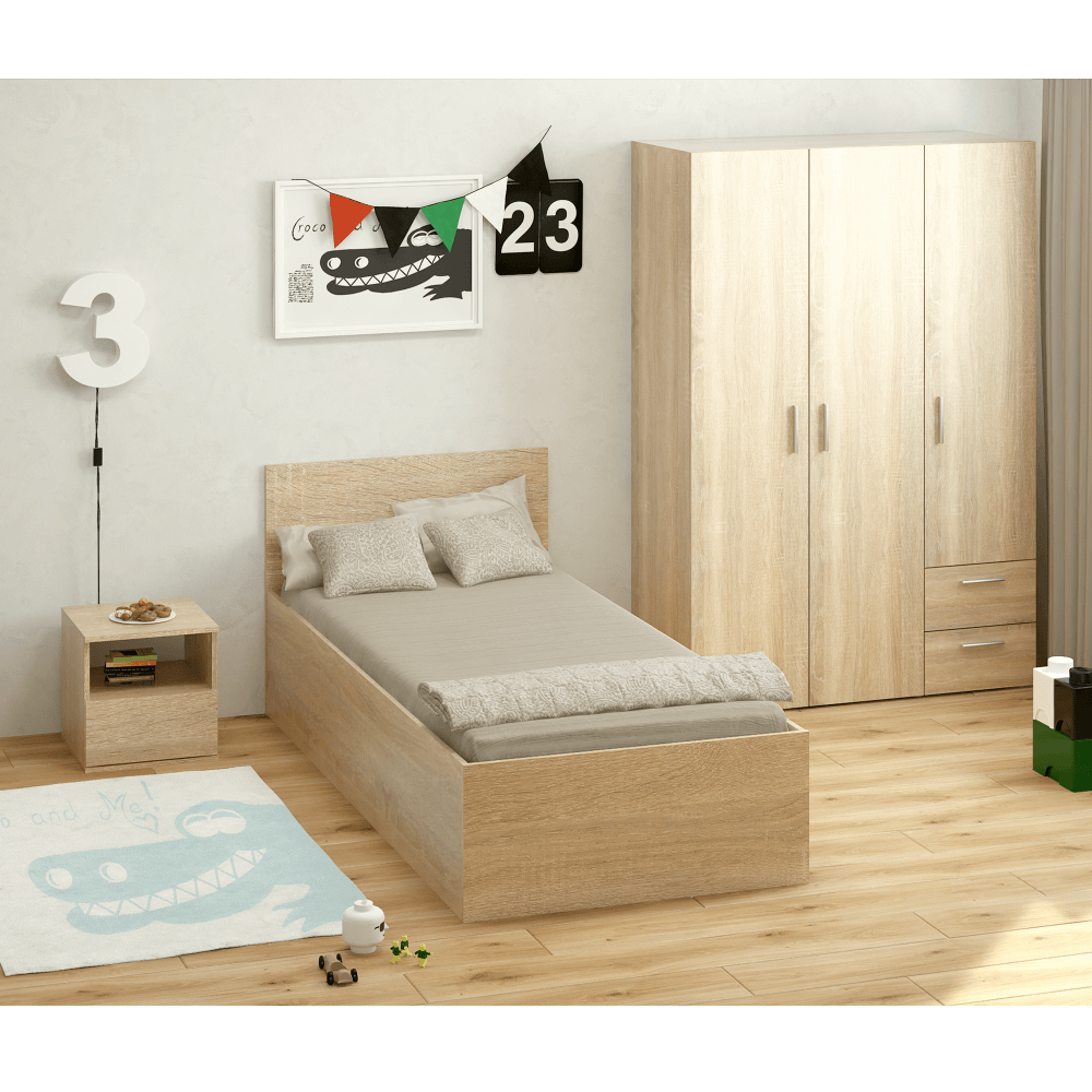 Posteľ s kovovým roštom a úložným priestorom, 90x200, dub sonoma, DOLI