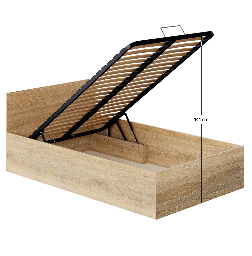 Posteľ s kovovým roštom a úložným priestorom, 120x200, dub sonoma, DOLI